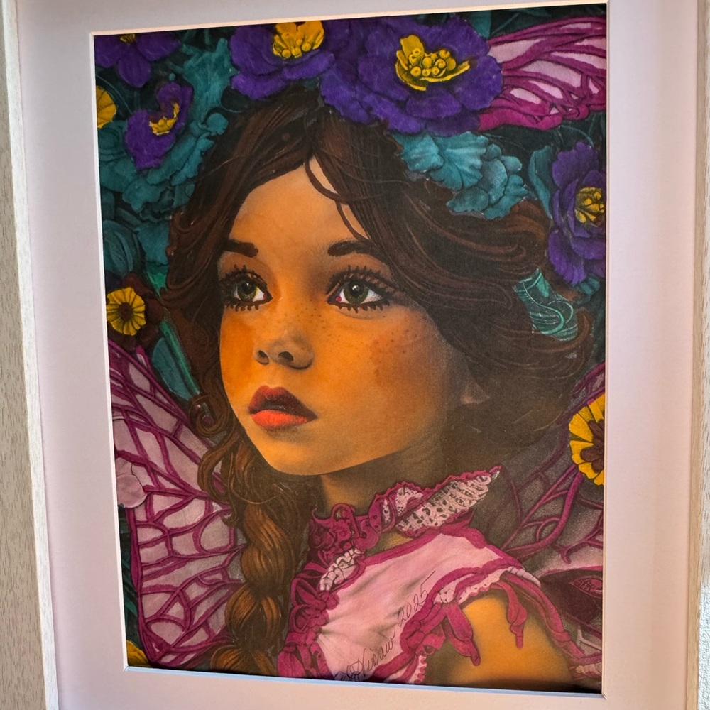 Whimsical Purple and Pink Portrait Painting with flowers
